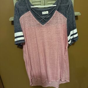 Maurices Pink and Black Criss-Cross V-Neck Tee